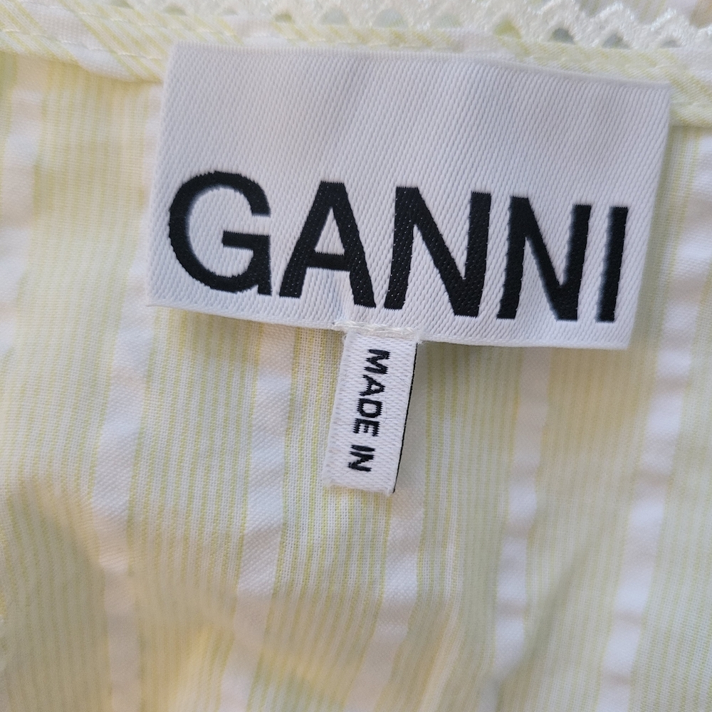 Ganni Seersucker Striped Wrap Blouse Short Sleeve Cotton Yellow & White 40 8/10 - Picture 12 of 16